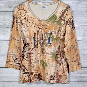 New Cactus Bay Womens Embellished Studded Wine Glass Bottles Vino Shirt Top XL